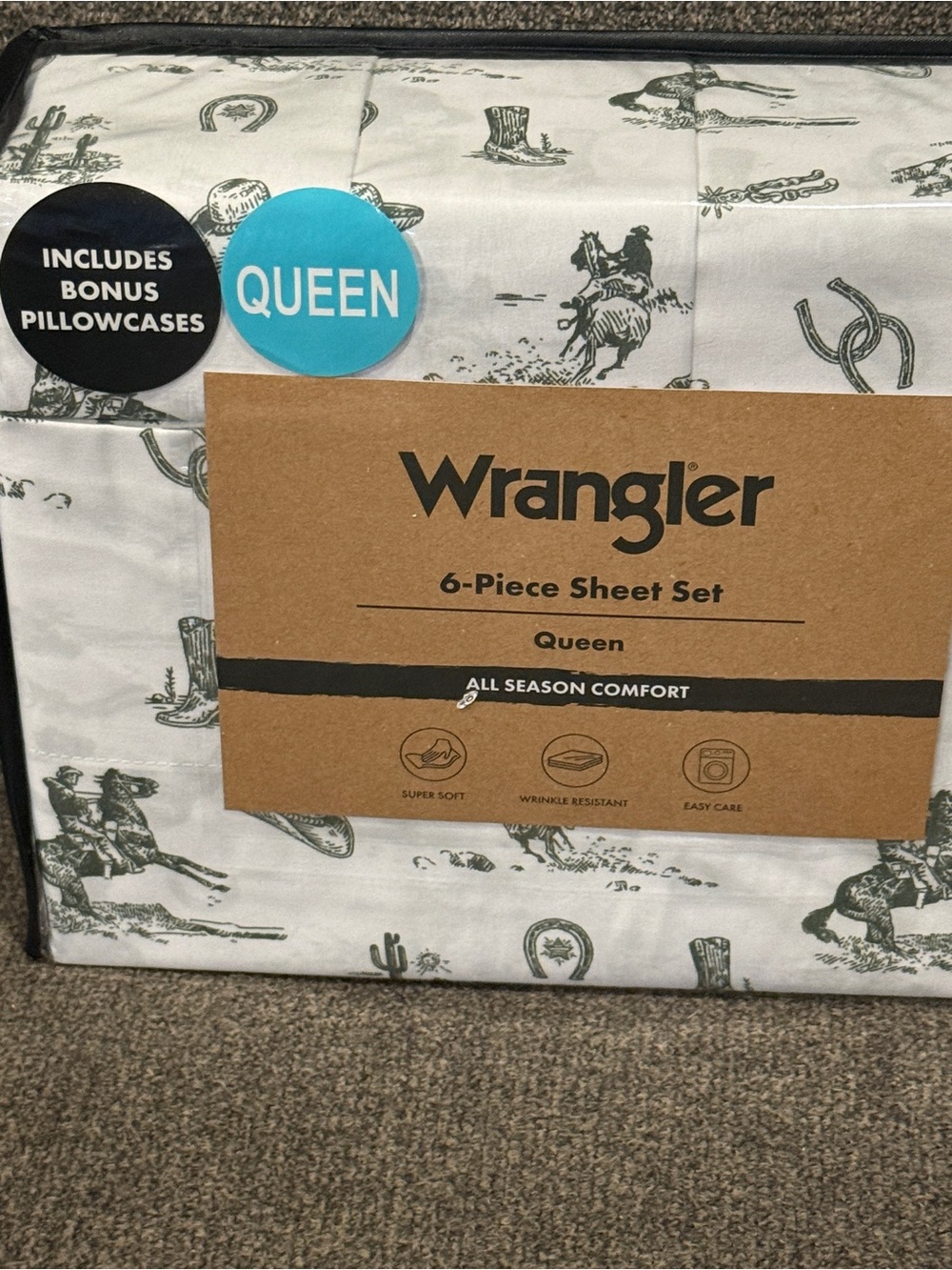 Wrangler Queen 6-Piece Sheet Set - White and Green Western Pattern